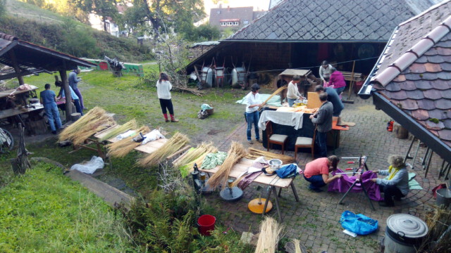 Die TeilnehmerInnen des Flachsprojektes kommen mit ihren vielfältigen Flachsgarben zum Riffelfest